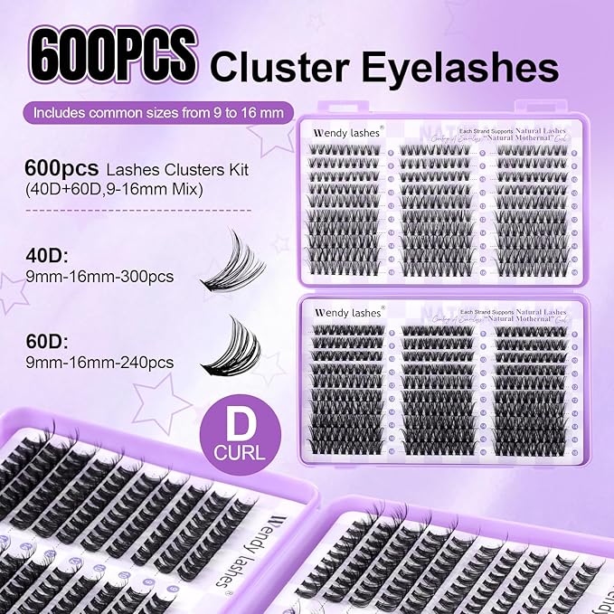 WENDY LASHES Clusters 40D+60D Eyelash Clusters 600PCS 9-16mm D Curl Natural Lashes Fluffy Wispy False Eyelashes DIY Cluster Eyelash Extensions