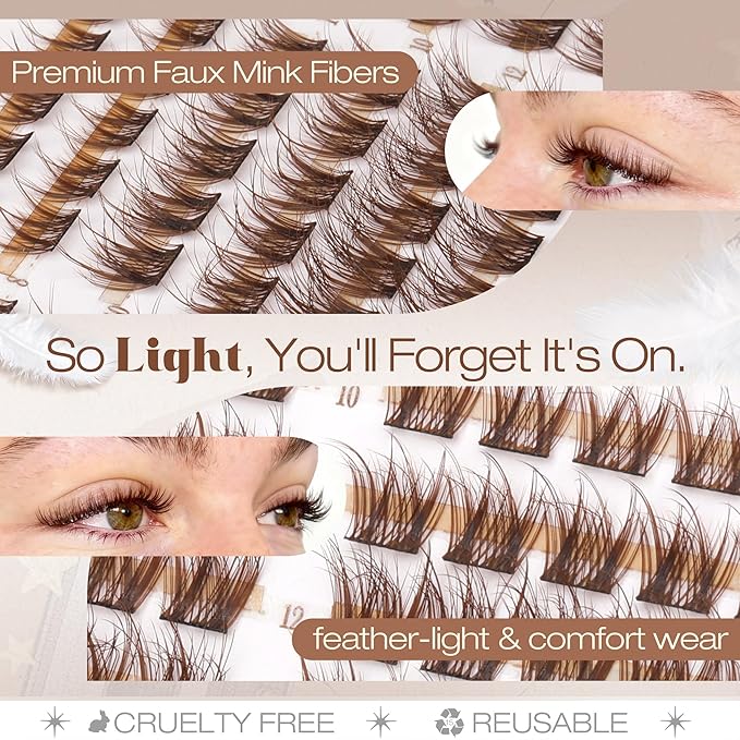 8-10-12MM Brown Lash Clusters Short Eyelash Clusters Wispy Fluffy Cluster Lashes Extensions Dark Brown Natural Cluster Eyelash Extensions C Curve DIY Lash Pack