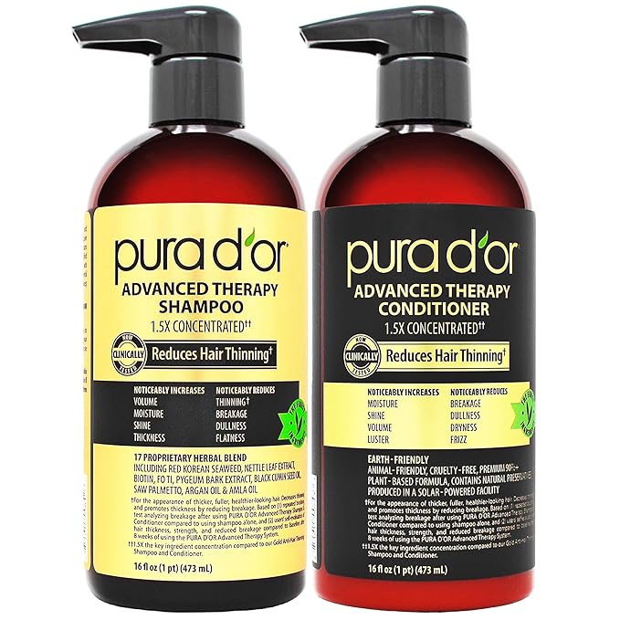 PURA D'OR Advanced Therapy Biotin Shampoo & Conditioner Hair Care Set For Hair Thinning, CLINICALLY TESTED Effective Results, Herbal Hair Thickening Products For Women & Men, 16oz x2