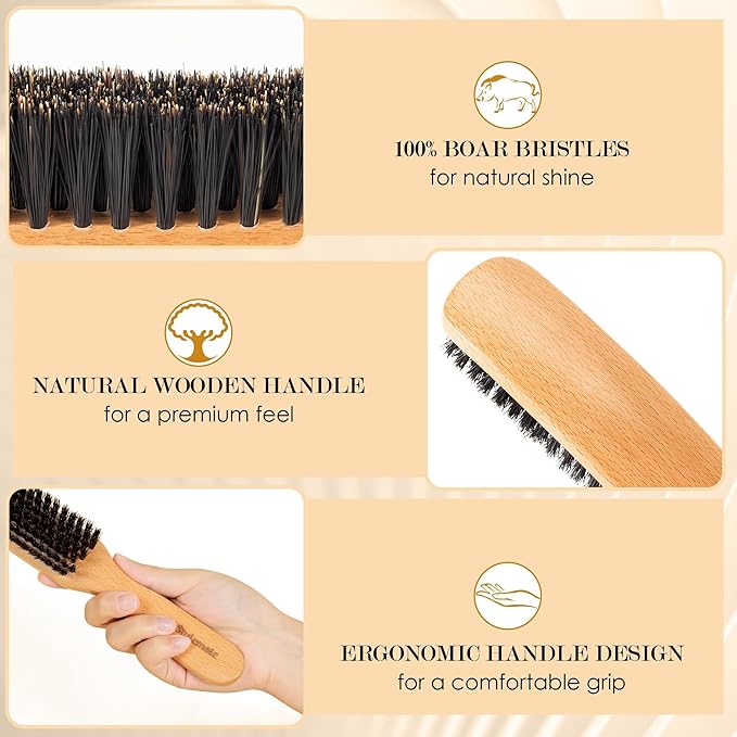 4PCS Boar Bristle Hair Brush Comb Set for Women Men Kid, Soft Natural Slick Back Hair Brush for Thin & Fine Hair, Travel Bag & Spa Headband Included