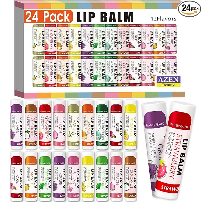 AZEN 24 Pack Lip Balm Bulk, Moisturizing Lip Balms for dry cracked lips, Mothers Day Gifts Easter Basket Stuffers - 12 Flavors
