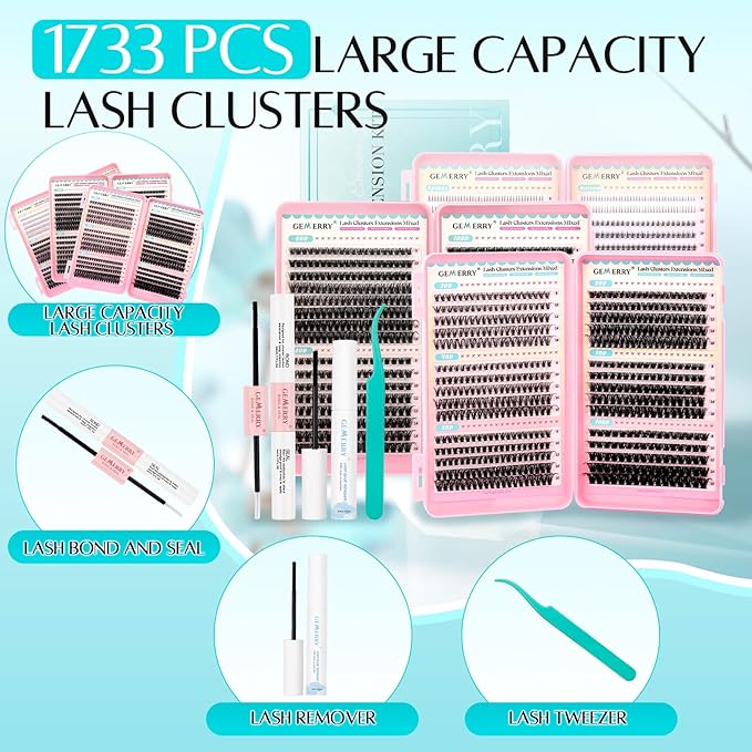 GEMERRY Lash Clusters Kit 1733Pcs Fluffy Lash Clusters Thick Eyelash Clusters Eyelash Extension Kit with Waterproof Bond and Seal Tweezers for Beginners(30D-200D+Spike+Bottom)