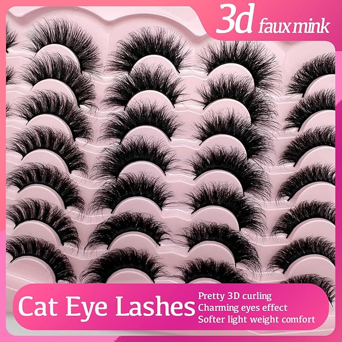 Mink Lashes Fluffy Natural Cat Eye Strip Lashes Pack Wispy C Curl 3D Cateye False Eyelashes Natural Look Faux Mink Eyelashes Bulk