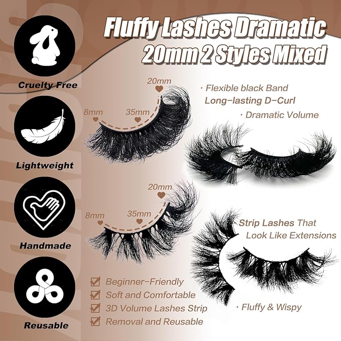 False Mink Eye Lashes Fluffy Full Strip Eyelash Dramatic 20mm 25mm Big Long Lashes Pack Thick Eyelashes Extensions D Curl Faux Mink Eyelashes Bulk Styles Mixed YH306