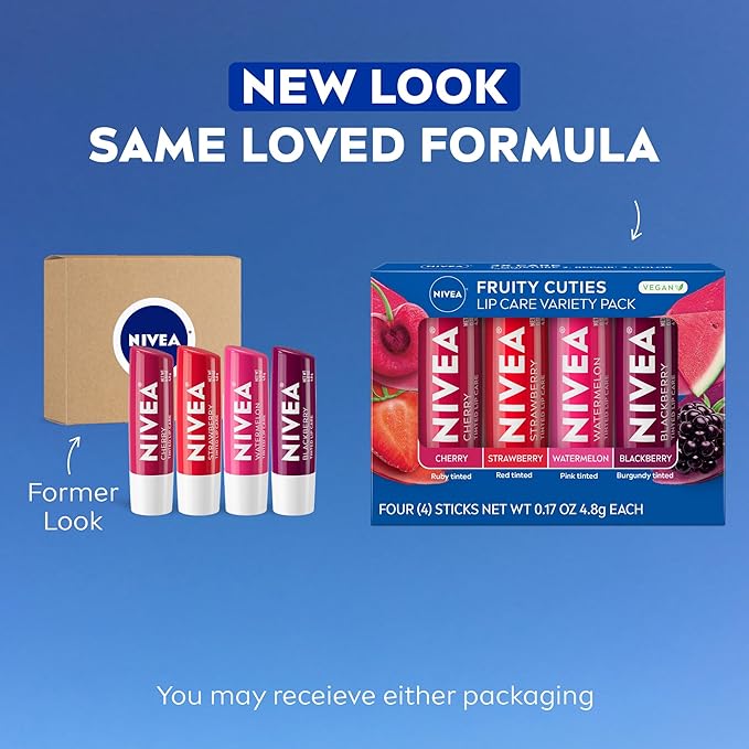 NIVEA Lip Care, Fruity Tinted Lip Balm Variety Pack, Cherry, Strawberry, Blackberry and Watermelon Flavors, 3-in-1 Moisture, Repair and Color, 0.17 Oz Stick, (Pack of 48)