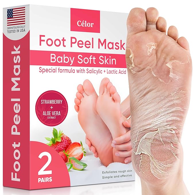 Foot Peel Mask - Foot Mask for Baby Soft Skin - Remove Dead Skin, Dry, Cracked Feet & Callus, Foot Spa, Made with Aloe Vera Extract for Women and Men (2 Pairs) | Strawberry & Aloe