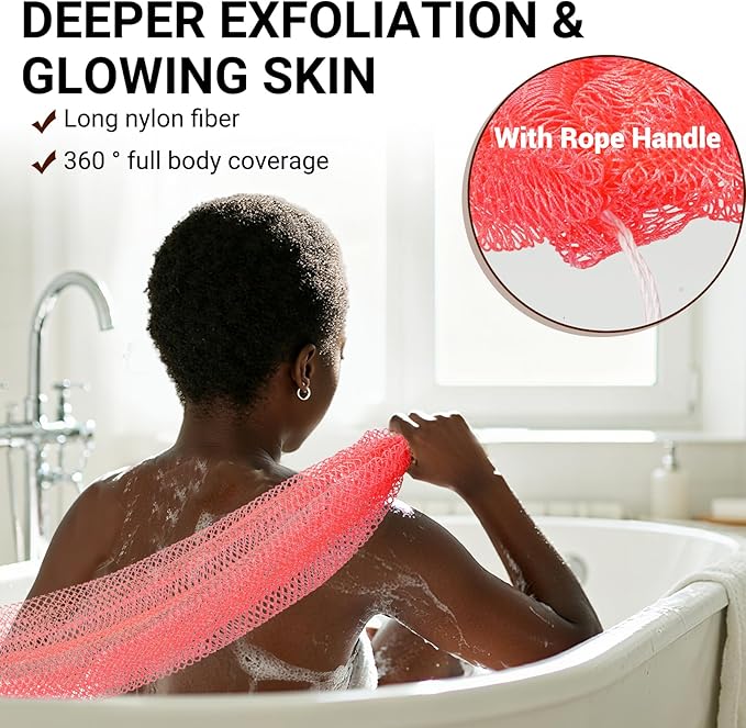 African Net Sponge Authentic for Exfoliating - Extra Knots for Deep Cleansing & Back Scrubbing - Body Scrubber Washcloth for Women & Men - Daily Shower Exfoliator for Smooth, Glowing Skin(Pink)