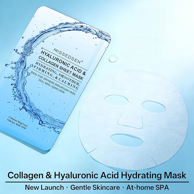 Collagen Face Mask with Hyaluronic Acid, Vitamin E Oil for Skin Care Hydrating, Moisturizing, Brightening & Anti Aging Face Masks Skincare for Oil, Dry, Acne, Sensitive All Skin Types 25PCS
