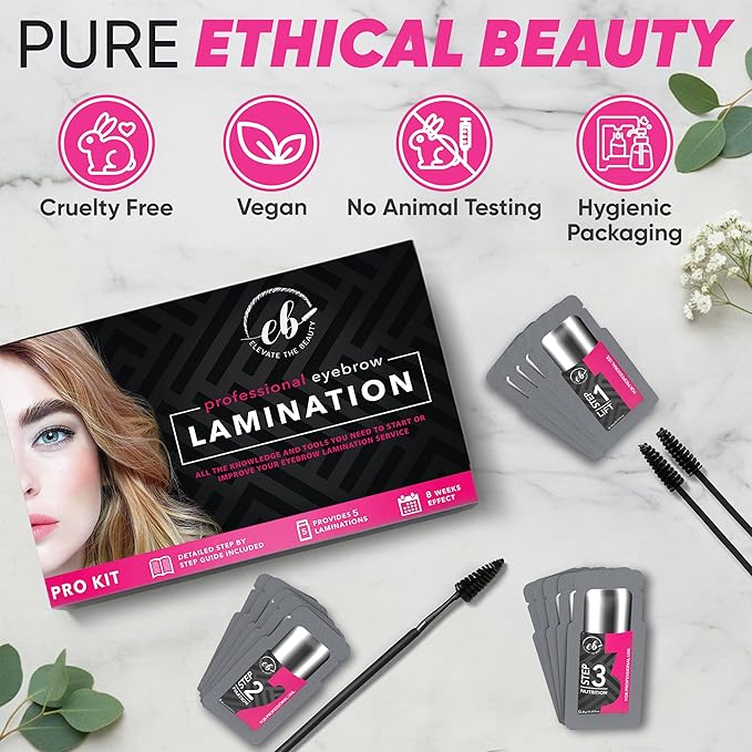 Elevate the Beauty Professional Brow Lamination Kit | Eyebrow Lamination Kit for Professional or DIY Use | 5 Laminations with Individual Sachets | Training Ebook & Brushes Included