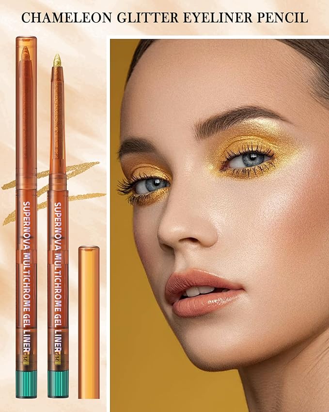 Chameleon Gel Eyeliner Pencil-1pcs Gold Metallic High Pigmented Glitter Eye Liner Pen, Long Lasting Waterproof,Color Changing Shimmer Eyeshadow Pencil, Christmas Makeup Gift for Women Girl-04