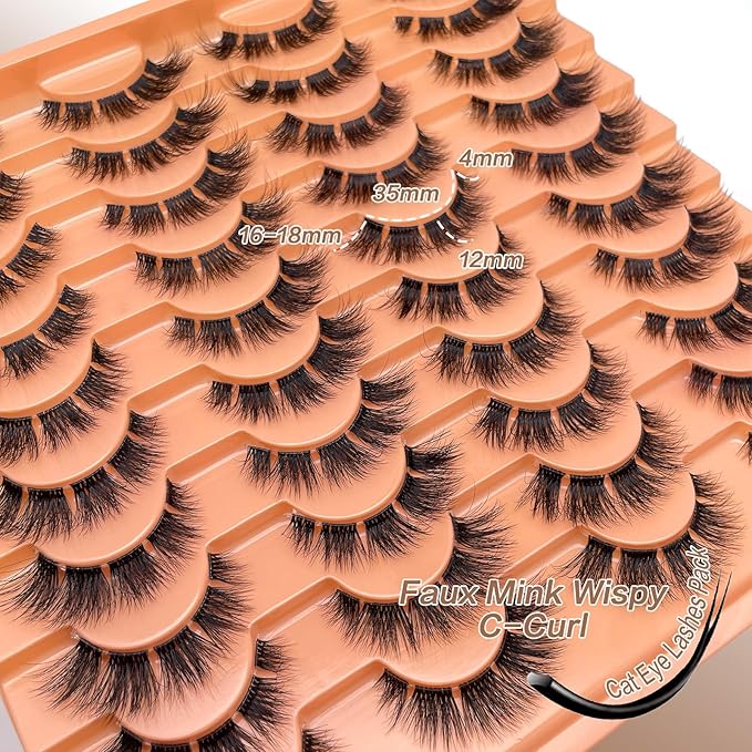 Fake Natural Lashes Wispy Short Fluffy Mink EyeLashes Clear Band C Curl 16mm 3D Faux Mink Eyelash Strips Soft Cat Eye Natural Look Lahses Pack YH303