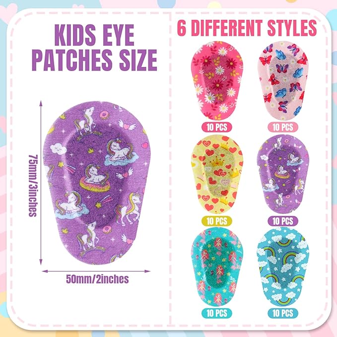 Panelee 60 Pcs Adhesive Eye Patches Bulk Breathable Colorful Fun Designs 3 x 2 Inch Light Blocking Cotton Bandages for Women Men Adults, 6 Styles