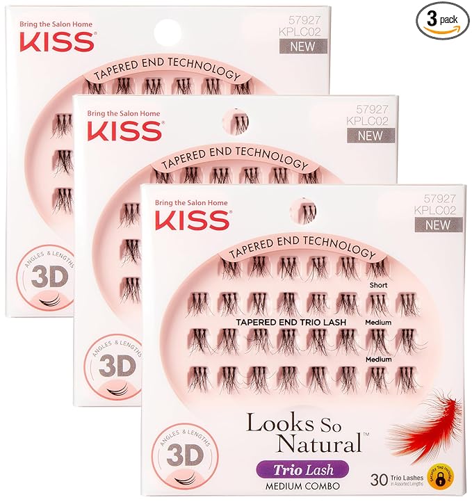 KISS Looks So Natural Trio Lash Medium Combo Pack, False Eyelashes with Tapered End Technology, 3D Lengths & Angles, Easy Grip Tray with Built-In Glue Pocket, 30 Trio Lashes in Short & Medium Lengths