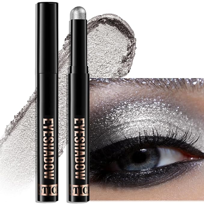 Cream Eyeshadow, Silver Shimmer Glitter Eye Shadow Stick Waterproof Long Lasting Neutral Smoky Eyeshadow Pencil Highlighter Makeup High Pigmented Blendable Eyeliner Pen for Women