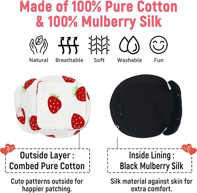 Astropic 3D Cotton & Silk Eye Patch for Kids | Girls Eye Patch for Glasses | Medical Eyepatch for Children with Lazy Eye (Strawberry, Right Eye)