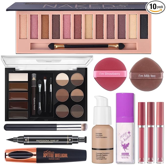 Makeup Set For Women Full Kit - 12 Colors Nude Shimmer Eyeshadow Palette, Patting Powder Highlighter, Eyebrow Contour Kit, Liquid Foundation + Concealer Brush, Black Mascara and Stamp Liquid Eyeliner , 3pcs Matte Liquid Lipstick Set with 2 Powder Puff ...