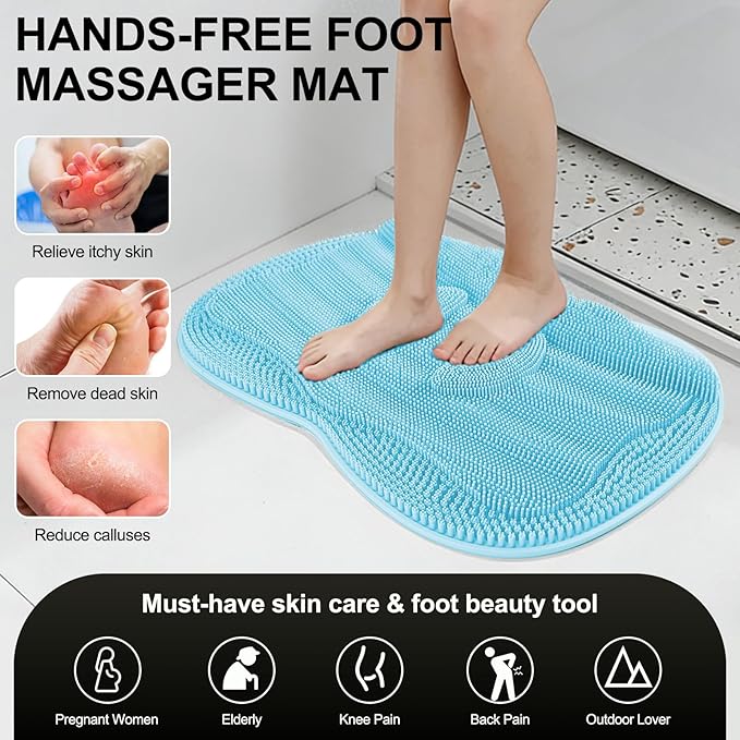 Bath Shower Foot Scrubber Mat - Silicone Shower Foot Scrubber Mat (XL) Cleaner Foot Toes Clean Pad Without Bending Non-Slip Suction Cups Bathroom mat 17.2 * 13 inch - Light Blue