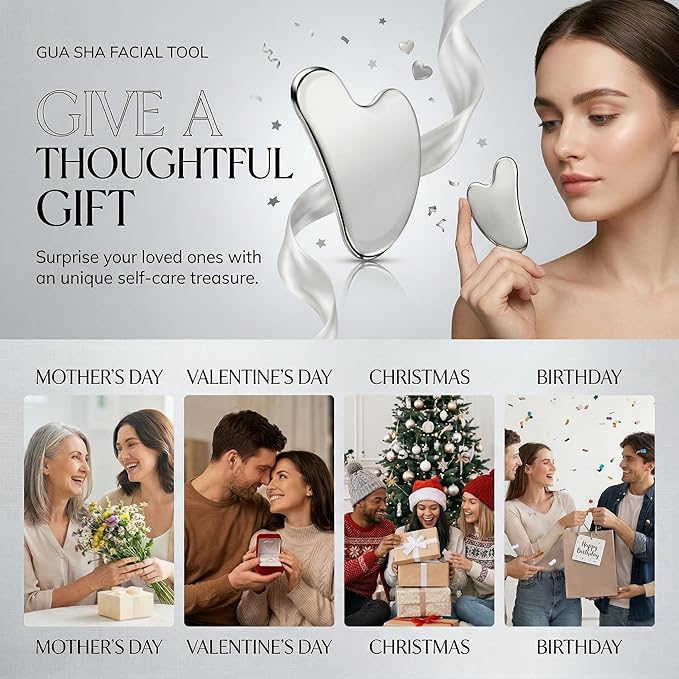 Stainless Steel Gua Sha Tool, Gua Sha Facial Tools, Durable GuaSha Tool for Jawline Sculpting, Face Massager, Puffiness Reducing, Skin-Care Gift