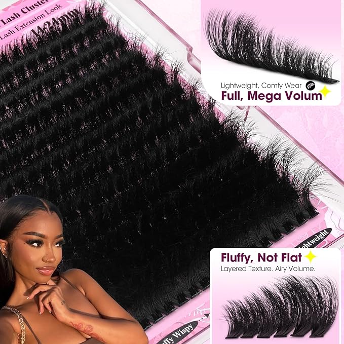Mega Volume Lash Clusters 14-24mm Fluffy Wispy Cluster Eyelash Extensions D Curl Individual Lashes Dramatic Thick Cluster Lashes DIY Lash Extensions for Baddie Makeup by Yawamica