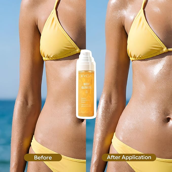 KYDA Travel Size Sunscreen, SPF 45 Body Glow Oil with Sequin Mica, Lightweight Moisturizing Coconuts Sunscreen SPF Glow Oil, Sun-kissed Shimmer Body Lotion, Water Resistant, 3.38 fl oz, GOLD