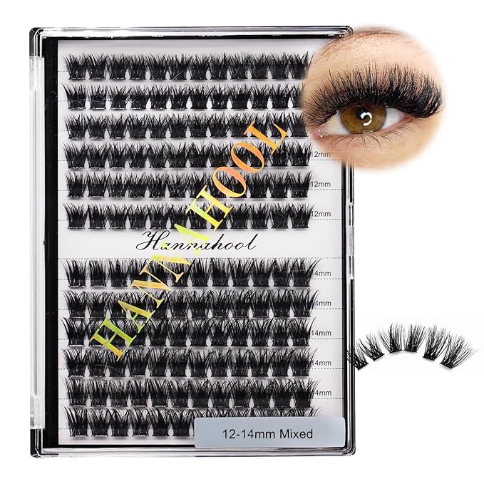 12rows-Large Tray Mixed 8-10-12-14-16mm/Mixed 14-15-16mm/Mixed14mm-16mm/Mixed 18-20mm Wide Stem Individual False Eyelashes Dramatic Black Cluster Eyelashes (Lashes Kit-12-14MM)