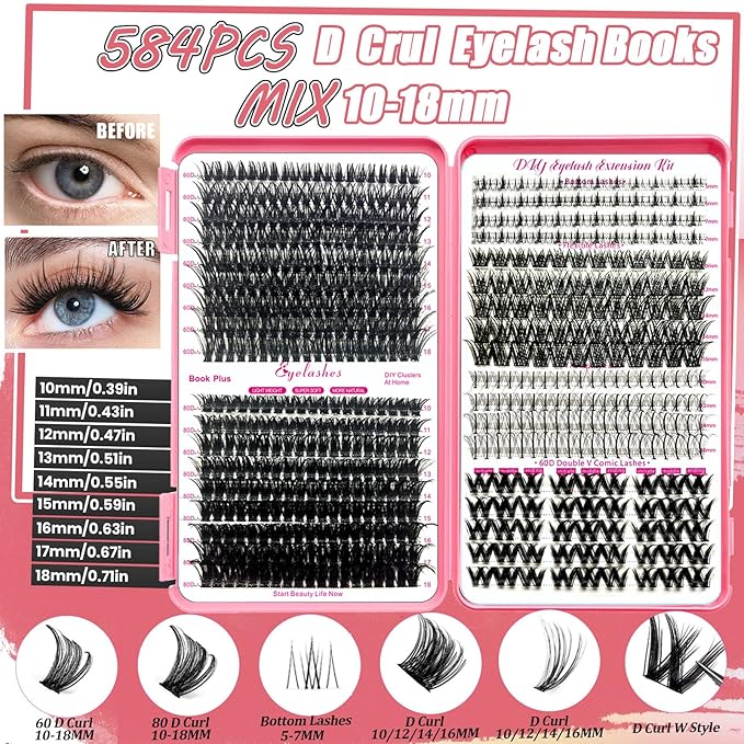 DNSGOOR DIY Lash Extension Kit 584 Pcs Lashes Clusters with Bottom Lashes Lash Bond and Seal Glue Remover Lash Shampoo Cleansing Brush Headband Wristband Tweezers Eyelash Brush Applicator