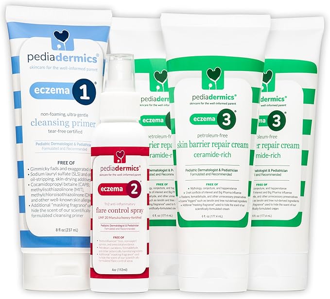 Easy as 1-2-3 Eczema Management System, Eczema1 Ultra-Gentle Cleansing Primer (x1), Eczema2 Manuka Flare Control Spray (x1), Eczema3 Ceramide-Rich Skin Barrier Repair Eczema Cream for Kids (x3)