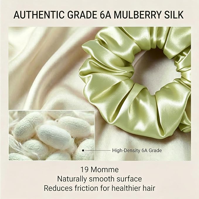 ZLYC 100% Mulberry Silk Hair Tie Scrunchie 19 Momme Gentle Creaseless Dent-Free Ponytail Holder for Women, 6cm Solid Sage Green