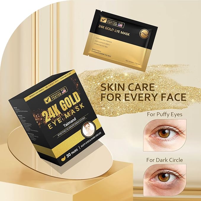 Taimand Under Eye Patches (30 Pairs), 24K Gold Under Eye Mask for Puffy Eyes, Dark Circles,Bags and Wrinkles with Collagen,Relieves Pressure and Reduces Wrinkles,Revitalises and Refreshes Your Skin