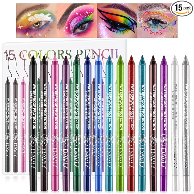 15 Colorful Eyeliner Pen Set, Eye Shadow Pencil, Pearl Eyeliner Kit Metallic Glitter Colored Eye liner for Women Eye&Lip Liner Professional Waterproof Eye Makeup