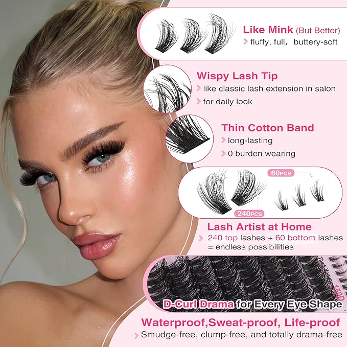 Fluffy Lash Clusters Kit Volume Cluster Eyelash Extensions Kit D Curl Waterproof Eyelash Clusters 240pcs Individual Lashes Full Faux Mink Cluster Lashes and 60pcs Bottom Lashes for DIY Lash Extension