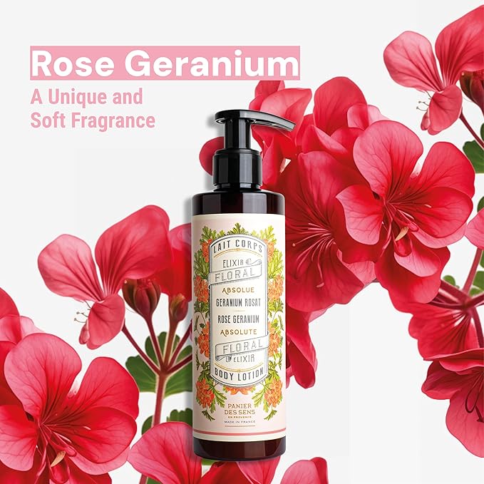 Panier des Sens – Geranium Hand & Body Lotion for Dry Skin - Hydrating Body Cream for Women - Nourishing Fluid Body Moisturizer Shea Butter & Olive Oil - 97% Natural Ingredients Body Care - 8.45 Floz