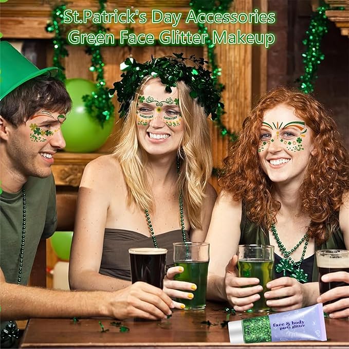 Go Ho Green Body Glitter,St Patricks Day Face Glitter Makeup,Green Face Paint Holographic Chunky Sequins Glitters for Eye Hair Nails,St Pattys Outfit Women Sparkle Accessories