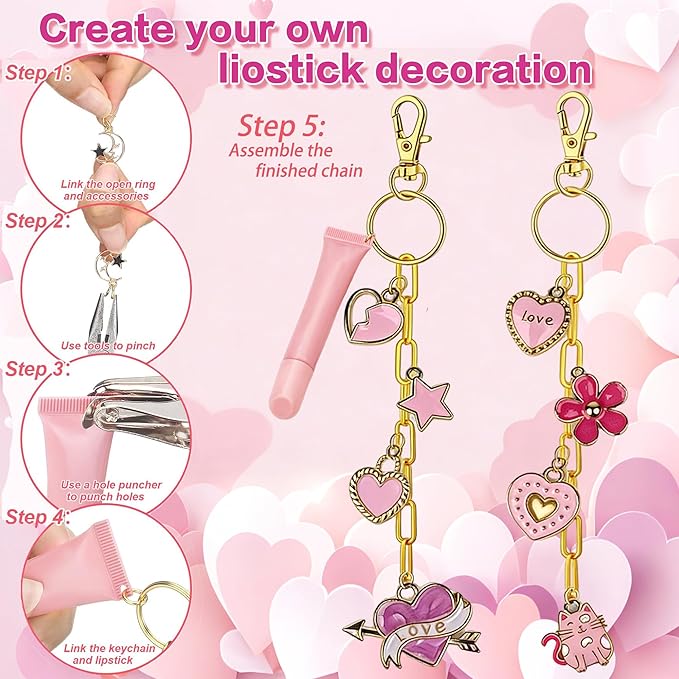270Pcs Charms Lip Gloss Keychain Making Kit, DIY Craft Supplies with Charms, Key Chain Hooks, Jump Rings, Lobster Clasps, Chains & Tools, Jewelry Making Kit for Custom Keychains, Valentines Gifts