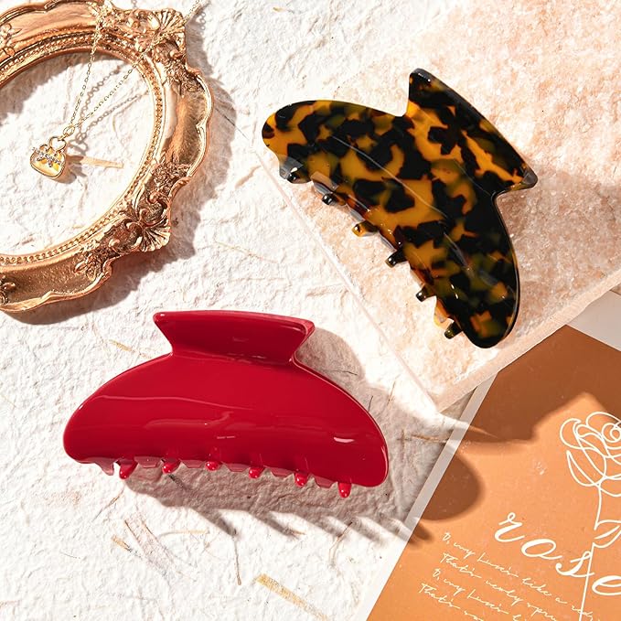 Aileam Acetate Hair Claw Clips for Women,Red Tortoise shell hair clip French Design Strong Hold Non-Slip claw clips for Thick Hair, 2 Pack
