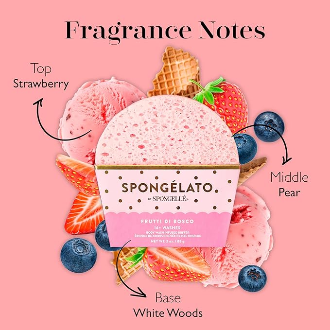 Spongellé Frutti di Bosco (Mixed Berries) Spongélato Bath Sponge | Built-In Body Wash & Body Scrubber, Shower Loofah Sponge for Women | 14+ uses