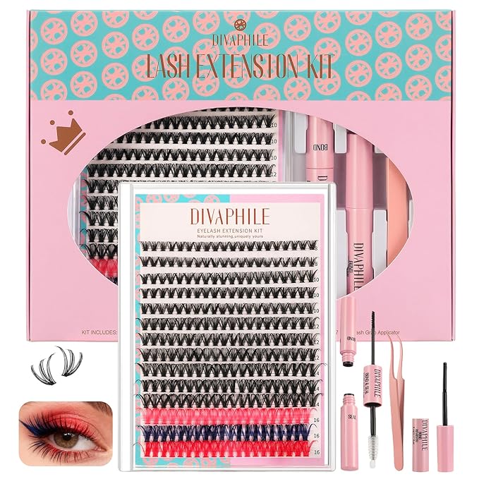 Lash Extension Kit DIY 280pcs Individual Lash Clusters Eyelash Extension Kit, 8-16mm False Eyelash Clusters with Lash Bond and Seal, Lash Tweezers for Self Application (40D Kit with Colors)