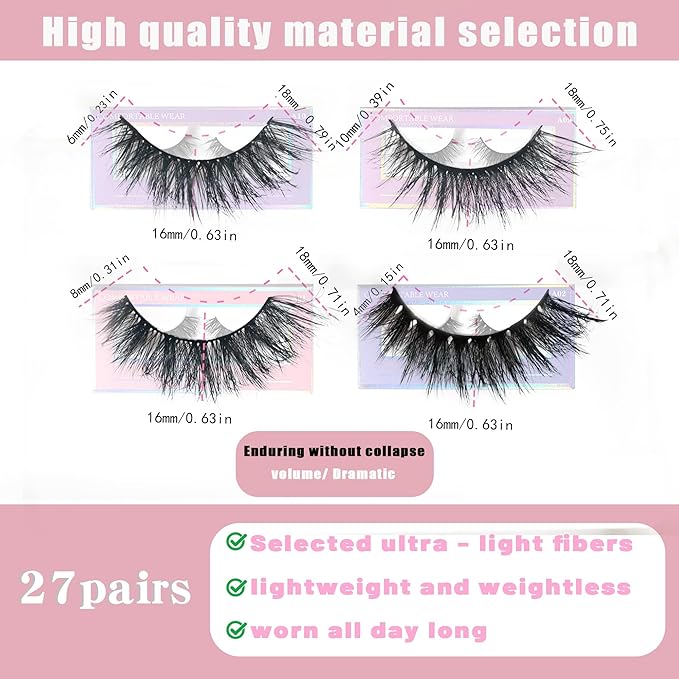Mink Lashes MIX Fluffy 16mm Stirps Lash Volume False Eyelashes 27Pairs 8D Cat Eye Lashes D Curl Dramatic Soft Eyelash Long Lash Strips Lashes Pack That Look Like Extensions