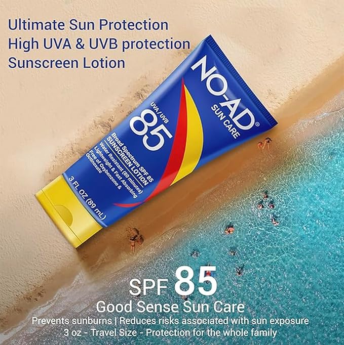 NO-AD SPF 85 Sunscreen Lotion | Broad Spectrum UVA/UVB Protection | Water Resistant | Octinoxate & Oxybenzone Free with moisturizing Vitamin E and Aloe 3oz | Travel size sunscreen
