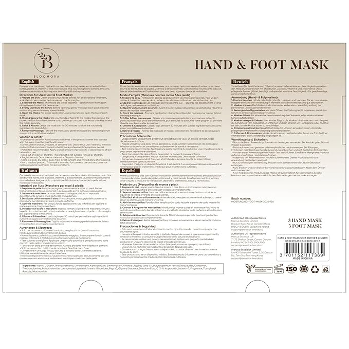 BLOOMORA Moisturizing Hand & Foot Mask Set with Shea Butter, Jojoba Oil & Vitamin E, Foot Mask for Dry Cracked Feet & Hand Moisturizer Gloves, 3 Hydrating Socks, 3 Moisturizing Gloves (3 pairs each)