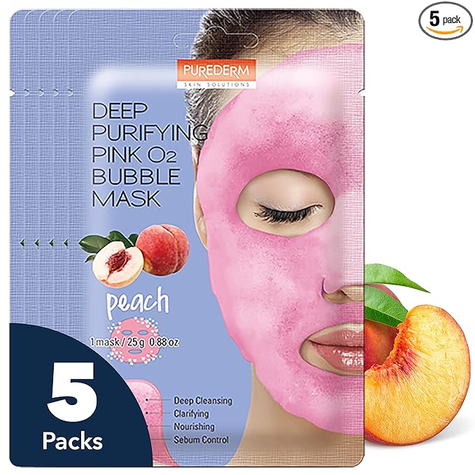 Purederm Deep Purifying Pink O2 Bubble Mask Peach (5 Pack) – Bubble Face Sheet Mask for Purifying & Moisturizing