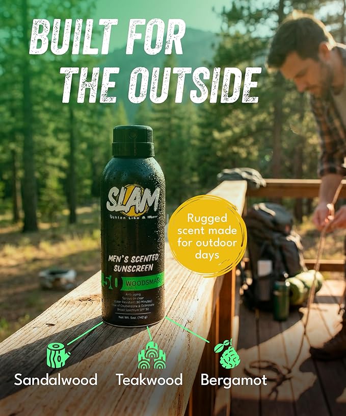 SLAM Men’s Sunscreen SPF 50 Spray - Broad Spectrum UVA/UVB Protection - Non-Greasy & No Harsh Chemicals - WoodsMan Sandalwood Teakwood Bergamot Cologne Scented - 2 Pack