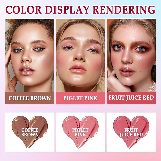 3 Colors Blush Stick with Makeup Sponges,Matte Solid Cream Blush,Multi-Use Blush Stick for Cheeks,Lips and Eye,High Pigmented Makeup Sticks Set A4