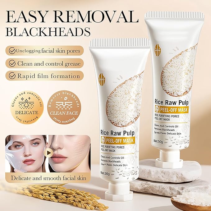 Rice Raw Pulp Peel-Off Facial Mask, Moisturizing, Clean & Control Oil, Gently Remove Blackheads Tear-Off Peel off Lifting Face Mask, Deep Nourishment & Pore Tightening for All Skin Types