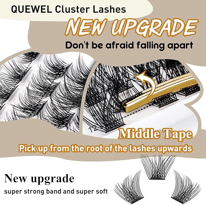 QUEWEL Cluster Lashes 72 Pcs Wide Stem Individual Lashes C/D Curl 8-16mm Length DIY Eyelash Extension False Eyelashes Fluffy Styles Soft for Personal Makeup Use at Home (Fluffy-C-MIX8-16)