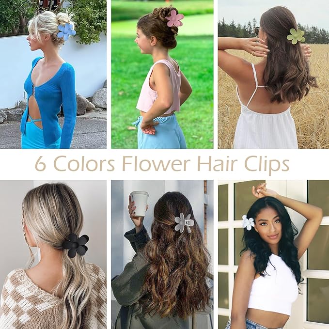 Flower Hair Clips 6 PCS Flower Claw Clips for Women Matte Large Claw Clips Strong Hold Jaw Clamps Hair Accessories for Thick Hair 6 Colors