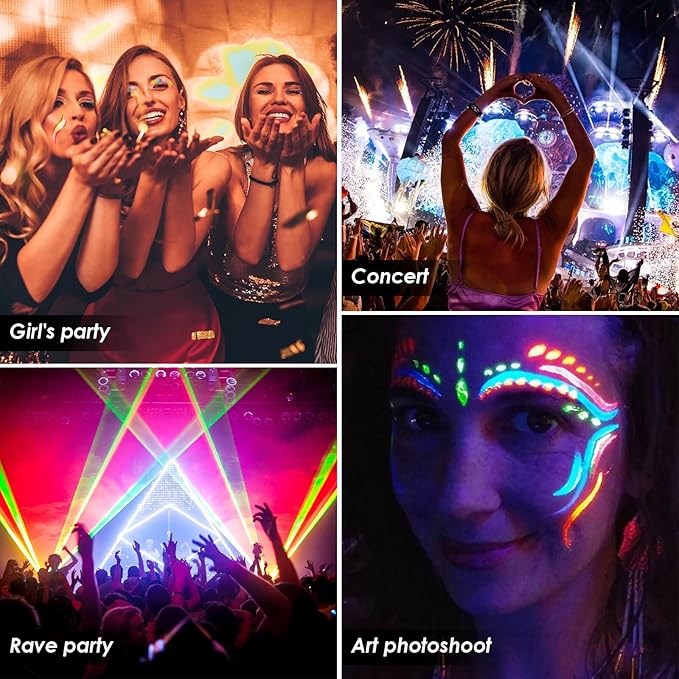 Glow in the Dark Glitter Gel with UV Neon Liquid Eyeliner Pen Set for Body Face Hair Eye, Makeup Kit for Rave Accessories Party Halloween Anime Cosplay Concerts Festival Carnival Face Paint