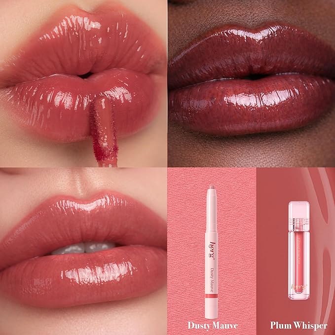 Epielle x herg Over Lip Glow Duo Lip Liner & Lip Tint, Soft Sculpting and Non-Sticky Glass Shine Korean Lip Liner Set, Dusty Mauve & Plum Whisper