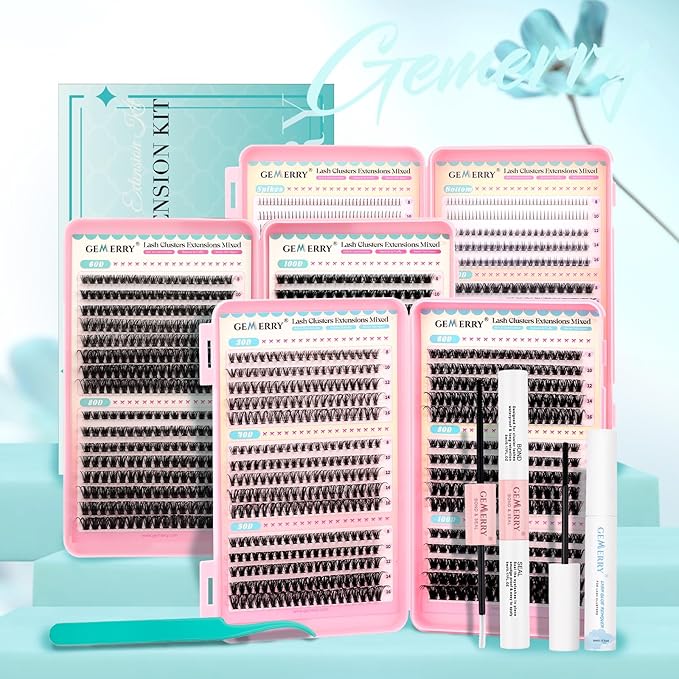 GEMERRY Lash Clusters Kit 1733Pcs Fluffy Lash Clusters Thick Eyelash Clusters Eyelash Extension Kit with Waterproof Bond and Seal Tweezers for Beginners(30D-200D+Spike+Bottom)
