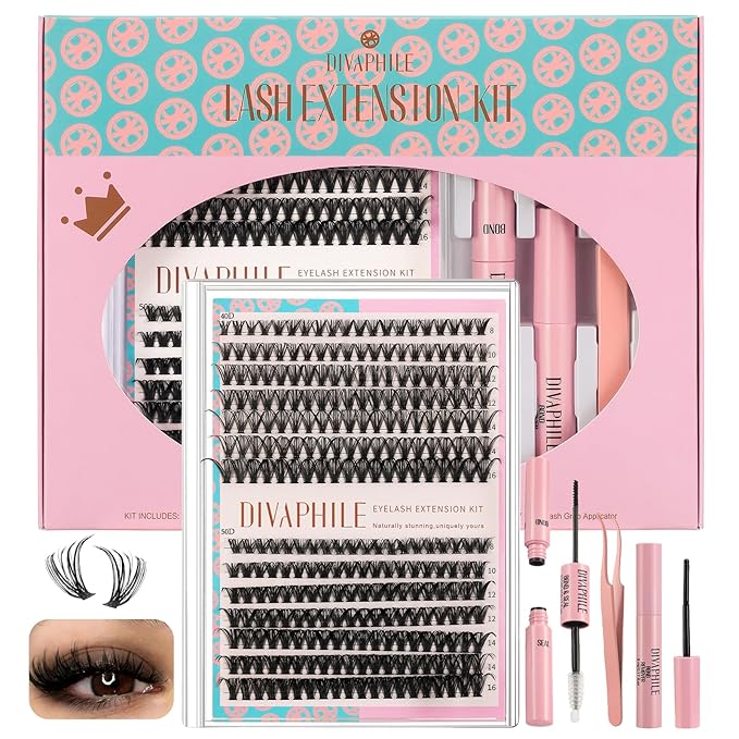 Lash Clusters Kit, DIY Eyelash Extension Kit 280PCS with Bond and Seal, Remover & Tweezers, Natural Wispy Individual Lashes 8–16mm for Beginners, At Home Salon Look, Mom Gifts (40D&50D Kit)